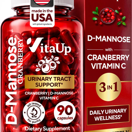 VitaUp D-Mannose & Cranberry Supplement for Women – USA Made Cranberry, Vitamin C & D-Mannose Supplement – Cranberry Capsules for Women for Urinary Tract & Bladder Support – 90 Vegan Capsules