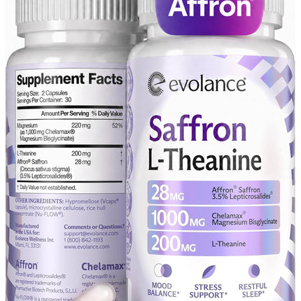Evolance Saffron Supplements Extract for Stress & Mood Support – Affron 28mg, Magnesium Glycinate 1000mg, L-Theanine 200mg – High Absorption, Sleep & Focus Support, Melatonin-Free, 60 Veggie Capsules