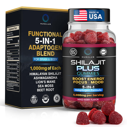 Nusalus Shilajit Plus Gummies 5-in-1 Adaptogen Energy & Focus Supplement | Shilajit, Ashwagandha, Lion's Mane, Sea Moss & Beet Root | Natural Energy & Stress Support | Made in USA, Vegan, 60 Count