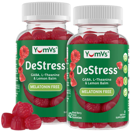 YumV's De-Stress Gummies with GABA, L-Theanine and Lemon Balm - Mixed Berry Flavor - Calming Gummies for Adults and Teens - Gluten Free Non-GMO Vegetarian Mood Support (42 Count (Pack of 2))