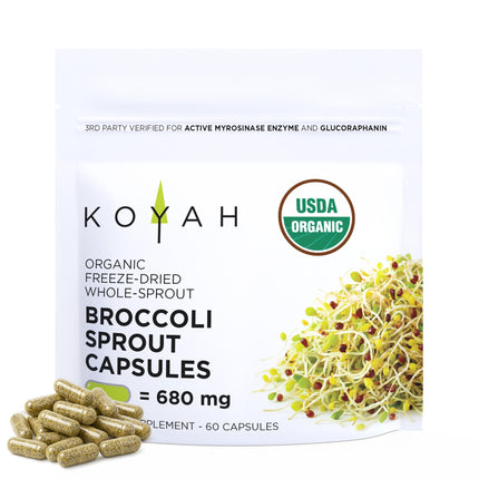 KOYAH - Organic Broccoli Sprout Capsules – Freeze-Dried Whole Broccoli Sprouts – 3rd Party Tested for Active Myrosinase & Glucoraphanin (Sulforaphane Glucosinolate) - 60 Capsules