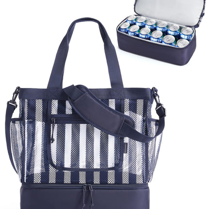 BAGSMART Beach Bag for Women, Mesh Tote Bags with Zipper, Sandproof Vacation Essentials with Cooler for Swim Cruise Pool, Navy