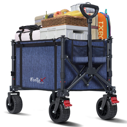 COMLAX FIELD Collapsible Wagon Cart Foldable with Big Wheels Brakes, 250lbs Folding Utility Lightweight Garden Wagon, Portable Grocery Cart for Camping Shopping Sports Pets, Blue