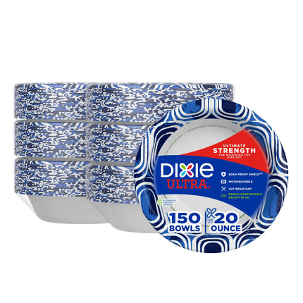 Dixie Ultra, Large Paper Bowls, 20 Oz, 150 Count (6 packs of 25 bowls), Microwave Safe, Compostable, Disposable Bowls Great For Breakfast, Lunch, And Dinner Meals