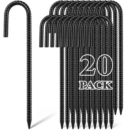Hacaroa 20 Pack 12 Inch Rebar Stakes Heavy Duty, J Hook Ground Anchors Metal Tent Stakes, Steel Garden Stake for Camping, Canopies, Chain Link Fences, Trampolines, Black