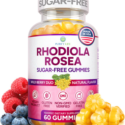 Sugar-Free Rhodiola Rosea Gummies (1500mg/Serving) Cortisol Detox & Adrenal Support Rhodiola Rosea Supplement for Mood, Stamina & Performance, Motivation, Non-GMO, 60 Vegan Chews