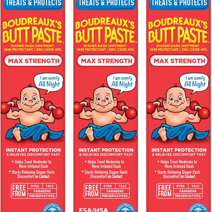 Boudreaux's Butt Paste Maximum Strength Diaper Rash Cream, Ointment | For Baby | 4 oz Tube | Pack of 3