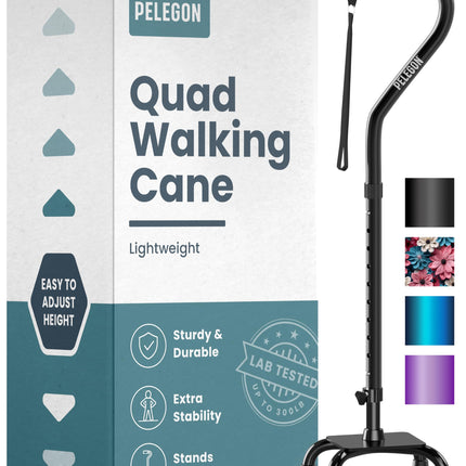 PELEGON Quad Cane (300 lb) - Adjustable Walking Cane with A Large 4 Pronged Base for Extra Balance & Stability, Walking Canes for Seniors, Walking Cane for Men & Women, Walking Sticks (Black)