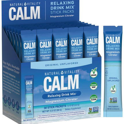 Natural Vitality Calm Magnesium Stick Packets | Relaxing Drink Mix Powder | On-The-Go Pouches | Gluten & Sugar-Free | 255mg Per Serving | 30 Count