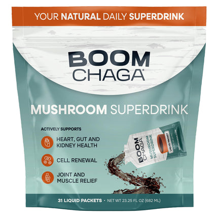 BOOM Chaga Mushroom Superdrink | Chaga Extract Liquid Concentrate | Immune Support, Antioxidants, Beta-Glucans, Bioavailable Organic Supplement, Oxalate-Free Mushroom Drink, 31 Single-Serving Packets