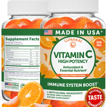 Lunakai USA Made High Potency Vitamin C Gummies for Adults and Kids - 300mg Immune Support - Non-GMO, Vegan, Delicious Orange Flavor, 60ct