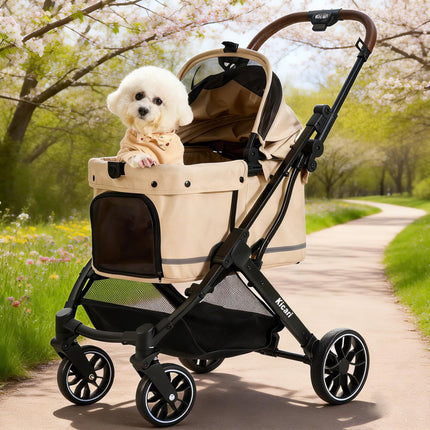 Kicari All-Terrain Dog Stroller for Small to Medium Dogs, Pet Stroller for Dogs & Cats Outdoor Walks, One-Hand Easy Fold, Double-Layer Anti-UV & Waterproof Canopy & Breathable Mesh, Vanilla Beige