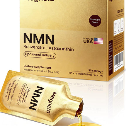 MEGNETA NMN 600mg Liposomal Liquid Pouches with Resveratrol 150mg, PQQ, CoQ10 & Astaxanthin-High Absorption NAD+ Supplement for Cellular Energy, Healthy Aging & Longevity - Vegan - 30 Servings