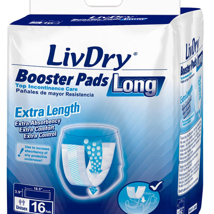 LivDry Incontinence Booster Pads, Use with Adult Diapers for Women and Men, Extra Comfort Softness, Disposable Pad (16 Count, Long Length)