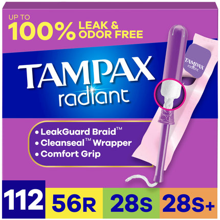 Tampax Radiant Tampons for Women Multipack, with LeakGuard Braid, Regular/Super/Super Plus Absorbency, Unscented, 112 Count (4 Packs of 28), Packaging May Vary