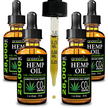 GreenIVe Hemp Oil Drops 28,000mg Per Bottle – Naturally Grown, Vegan, Rich in Omegas – Premium Hemp Oil Dropper – Non-GMO, Made in USA – 30mL (4 Pack)