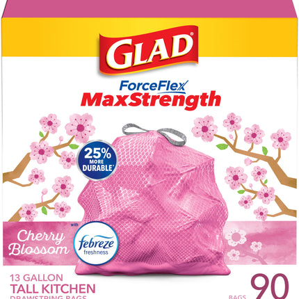 Glad ForceFlex MaxStrength Tall Kitchen Trash Bags, Rip and Tear Resistant, Cherry Blossoms Scented Pink Tall Garbage Bags, Odor Control, Febreze Freshness, 13 Gallon, 90 Count