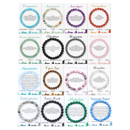 Jewdreamer 16PCS Natural Crystal Bracelets for Women Men - 8mm Semi-Precious Gemstone Beaded Bracelets, Round Gemstones Stretch Bracelet, Yoga Bracelets Jewelry Gift