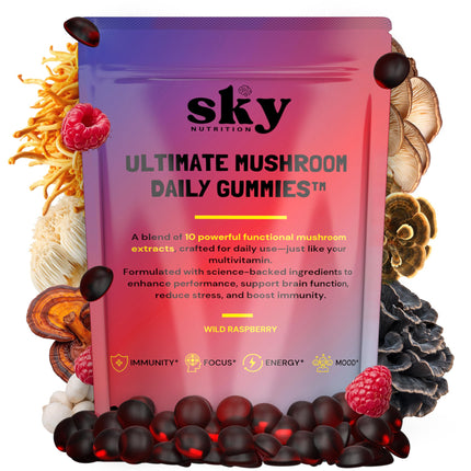SKY NUTRITION Mushroom Gummies - 10-in-1 Adaptogenic Mushroom Supplement for Adults - Lions Mane, Reishi, Cordyceps, Chaga, Turkey Tail - Raspberry Flavored Vegan Gummies for Focus & Energy - 60 Ct.