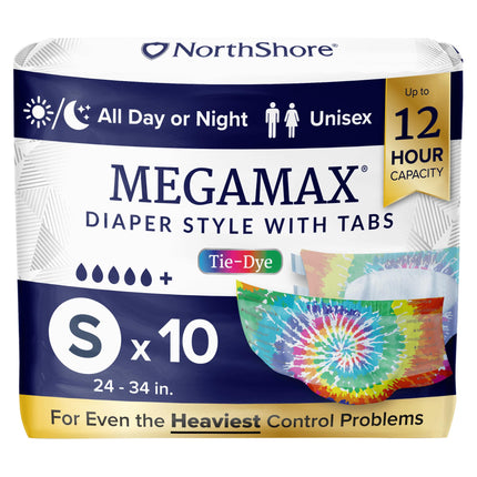 NorthShore MegaMax 12-Hour HBL Adult Diapers for Heavy Bladder Leaks, Small, 10 Count, Tie-Dye, 24-34 inches, Tab-Style Incontinence Underwear for Men, Women & Teens