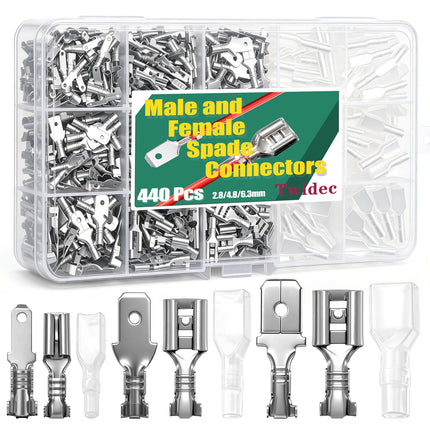 Twidec/440Pcs 2.8/4.8/6.3mm Quick Splice Male and Female Wire Spade Connector Crimp Terminal Block Assortment Kit with Insulating Sleeve for Electrical Wiring Car Audio Speaker