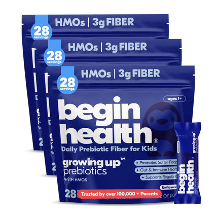 Begin Health Growing Up® Prebiotics for Kids 84-Packs | Prebiotic Soluble Powder Stool Softeners & Digestive Gut Health Supplement | Ideal to Mix with Kids Daily Beverages and Soft Foods - Unflavored