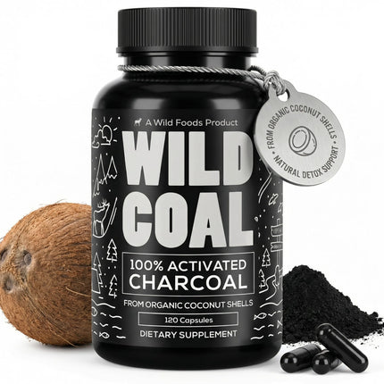 Wild Foods Activated Charcoal Capsules | 100% Organic Coconut Shells Active Tablets | Lab Tested & Non-GMO Pills | Made in USA (120 Capsules)