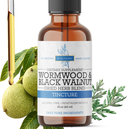 Pura Herba Wormwood and Black Walnut Organic Tincture, Liquid Drops for Digestive System Support (2 Fl Oz, Black Walnut & Wormwood)