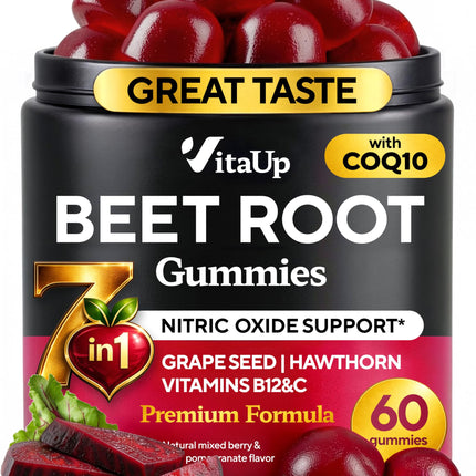 VitaUp Beet Root Gummies – Beetroot Supplement with CoQ10, Grape Seed, Vitamin C, B12 & B3 – Nitric Oxide Gummies for Circulation Support – Beet Supplement for Energy & Immune Support – 60 Beets Chews