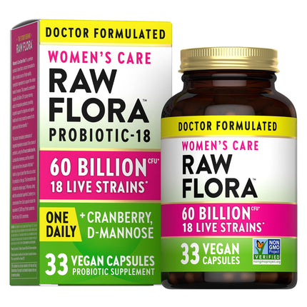 Raw Flora Women's Probiotics | Dr. Formulated 60 Billion CFU + Prebiotics | Digestive, Vaginal & Urinary Support | 33 Vegan Capsules with Cranberry & D-Mannose | Shelf Stable