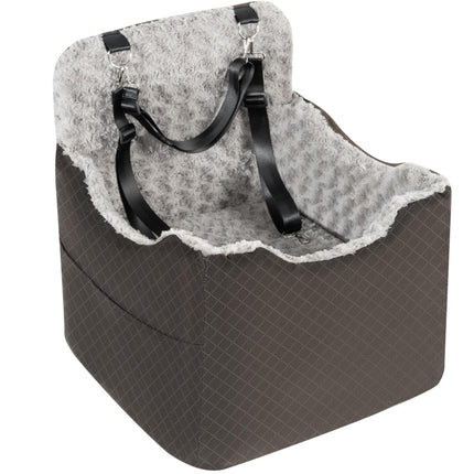 Rosynee Dog Car Seat for Small Medium Dogs - 6.7inch Elevated Dog Booster Car Seats wih Soft Rose Velvet, Washable Travel Pet Carseat with 2 Safety Leashes and Storage Pockets(Grey/Black Coffee)