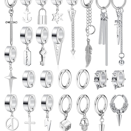 THUNARAZ 25Pcs Clip on Earrings for Men Cross Dangle, Fake Earrings