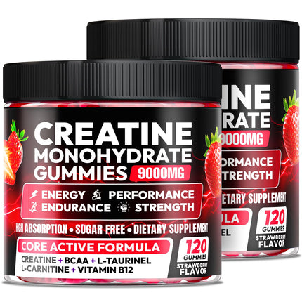 Creatine Monohydrate Gummies 9000mg for Men & Women, Creatine Gummies Pre Workout Creatine Chews for Muscle Growth, Strength & Energy, with L-Taurine, Sugar Free, Vegan, 2 Pack, Strawberry Flavor