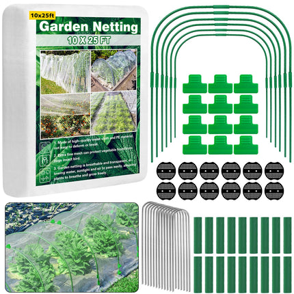 Unves 67 Pcs Garden Netting Kit, 10x25 Ft Ultra Mosquito Bird Netting with 6 Hoops & 12 Clips, Fruit Tree Netting for Patio Raised Beds Vegetable Flowers Protection Barrier