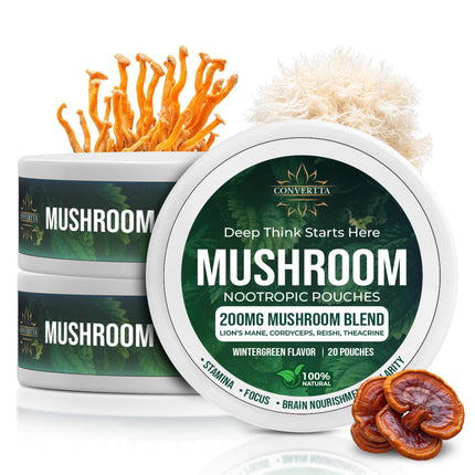 CONVERTTA Mushroom Nootropic Pouches - 200mg Nicotine-Free, Caffeine-Free Organic Mushroom Energy Ultra Pouches with Lion's Mane, Reishi, Cordyceps for Focus & Clean Energy - (6, Wintergreen)