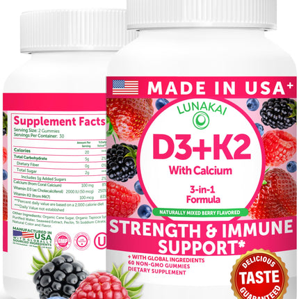 Lunakai USA Made Vitamin D3 K2 Gummies with Calcium – 3-in-1 Daily Vegan Supplement for Bone & Immune Support for Women, Men & Kids, 60ct