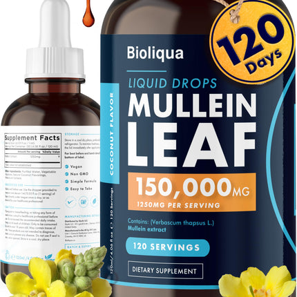 Balance Bioliqua Mullein Drops for Lungs - High Strength of 150,000mg per 4fl oz Tincture - 120 Servings at 1,250mg per Dose - Lung Detox & Bronchial Cleanse - Coconut Flavour
