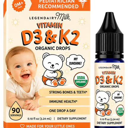 Legendairy Milk Vitamin D Drops for Infants, Organic Baby Vitamin D3 K2 Liquid 400 IU, Vegan for Newborns Toddlers & Kids, Childrens Supplement for Strong Bones & Teeth, Sugar Free, 90 Servings