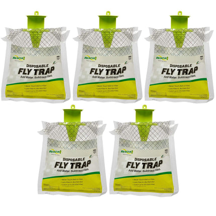 RESCUE! Outdoor Disposable Fly Trap – Hanging Fly Catcher with Attractant Bait, Fly Bag for Patio, Yard, Trash & Farm Areas – Easy-to-Use Outdoor Fly Control - 5 Traps