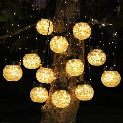 PARTPHONER Solar Lights Outdoor Waterproof 12-Pack, Solar Powered Hanging Lantern Cracked Glass Hanging Globes for Yard Decor Christmas Decoration, Shepherd Hook, Garden Tree Ornaments, Warm White