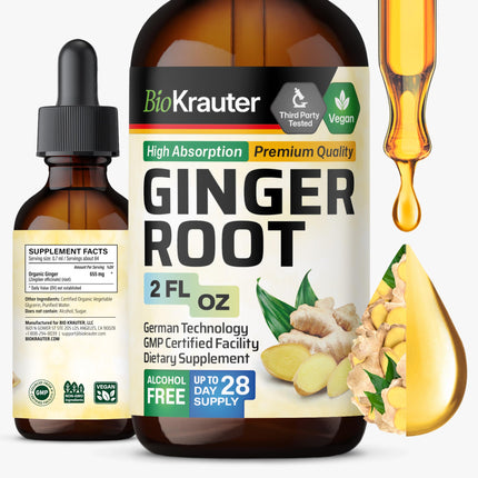BIO KRAUTER® Ginger Root - Liquid Drops Ginger Extract 655 mg per Serving 2 Fl.Oz 28-Day Supply - Pure Vegan Zingiber Officinale for Digestive Support & Daily Wellness - Alcohol & Sugar Free