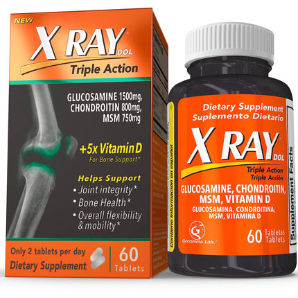 X Ray Dol Triple Action Joint Support Supplement with Glucosamine 1500mg, Chondroitin 800mg, MSM 750mg and 5X Vitamin D for Healthy Joints, Bones & Cartilage - 60 Count per Bottle - 1 Pack