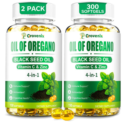 Grovenix Oil of Oregano with Black Seed Oil, 300 Softgels | Organic | 4-in-1 Oregano Supplement for Immune Health with High Carvacrol & Thymoquinone + Vitamin C & Zinc | Plant-Based, Non-GMO