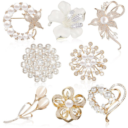 Ecally 8 Pcs Brooches and Pins for Women, Flower Crystal Pearl,Groovy