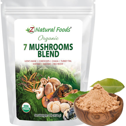 Z Natural Foods Organic 7 Sacred Mushrooms Blend - Lion’s Mane, Cordyceps, Chaga, Red Reishi, Shiitake, Maitake - Organic Mushroom Powder for Coffee, Smoothies, 1 lb