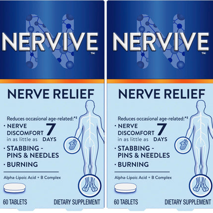 Nervive Nerve Relief, Occasional Nerve Discomfort II, Starts Working in 7 Days, Stabbing, Burning, Alpha Lipoic Acid, B Vitamins, Turmeric, Ginger, Supplement, 60 Tablets, (Pack of 2)