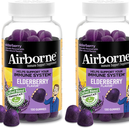 Airborne Elderberry + Zinc & Vitamin C Gummies for Adults,Immune Support with Antioxidants Vitamins C,D & E,Elderberry Flavor,130 Count (Pack of 2)
