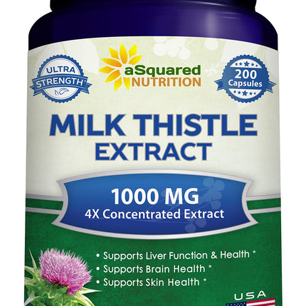aSquared Nutrition Milk Thistle Supplement - 200 Capsules, 4X Concentrated Extract 4:1 Milk Thistle Seed Powder Herb Pills, Silymarin Extract for Liver Support, Cleanse, Detox - 250mg Per Capsule