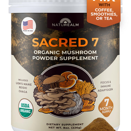 Naturealm Sacred 7 Organic Mushroom Powder Supplement | 7-Month Supply | 7-in-1 Blend with Lions Mane, Reishi, Chaga | Brain & Immune Support | 100% Fruiting Bodies for Coffee & Smoothies
