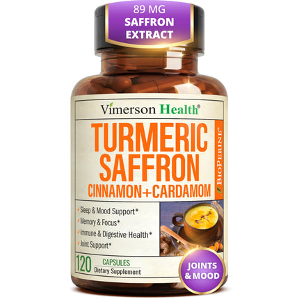 Saffron Supplements with Turmeric Curcumin, Saffron Extract (89mg), Ceylon Cinnamon, and Cardamom for Women and Men – Turmeric Supplement for Daily Inflammation, Mood & Joint Support – 120 Capsules